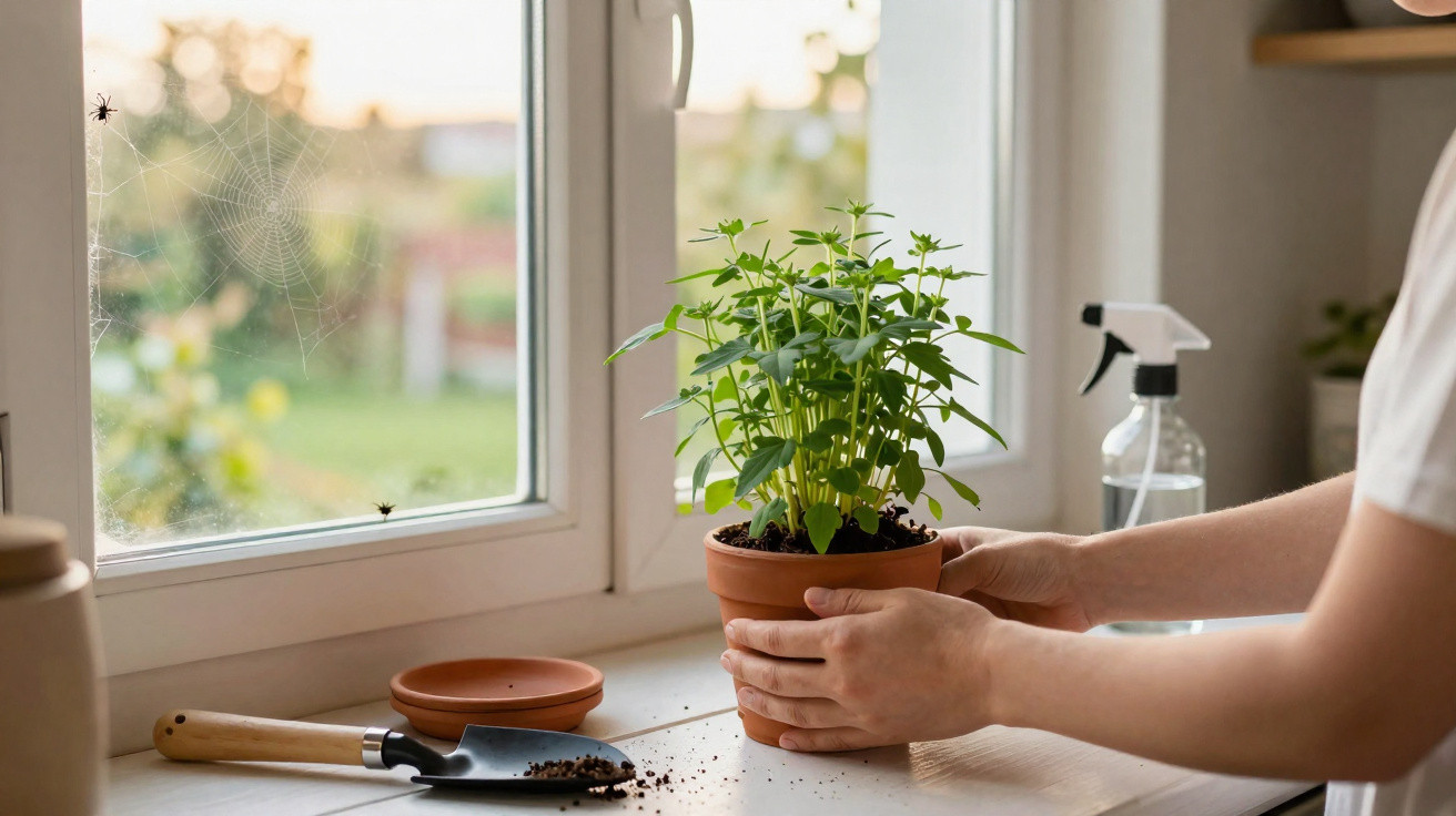 Pessoa a cuidar de planta em vaso junto a janela com ferramenta de jardinagem e teia de aranha visível.