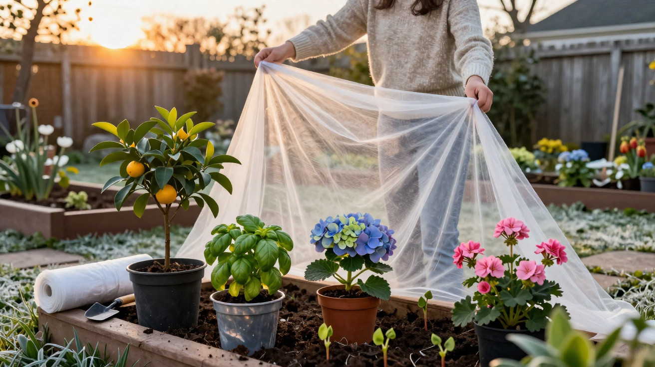 Pessoa a cobrir plantas com tecido transparente numa estufa ao pôr do sol.