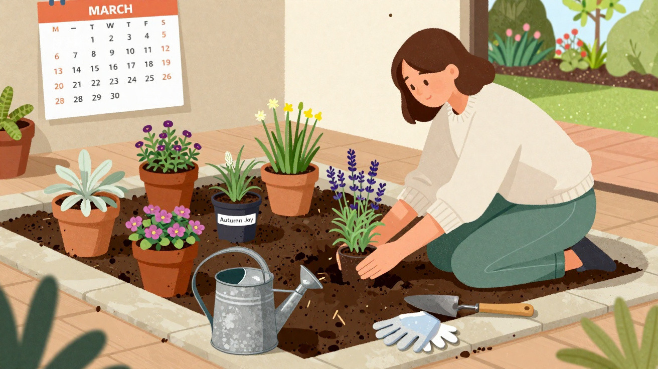 Mulher a plantar flores num canteiro interior com regador, luvas e calendário de março na parede.