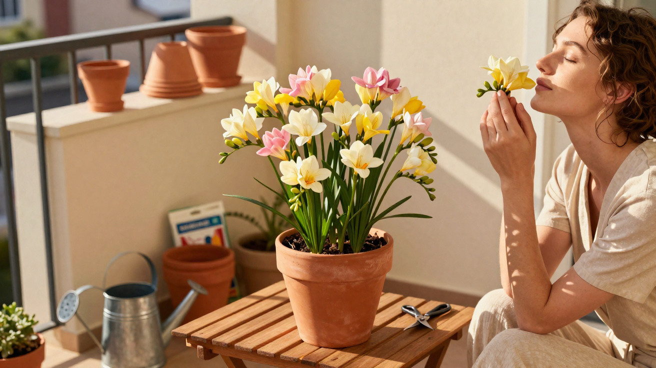 Mulher a cheirar flores cor-de-rosa e amarelas em vaso de barro num terraço iluminado pelo sol.