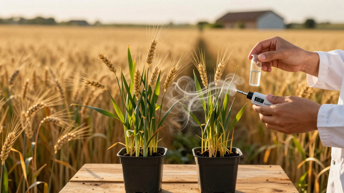 Mãos com bata branca analisam plantas de trigo em vaso, num campo, com teste de vapor e líquido numa seringa.