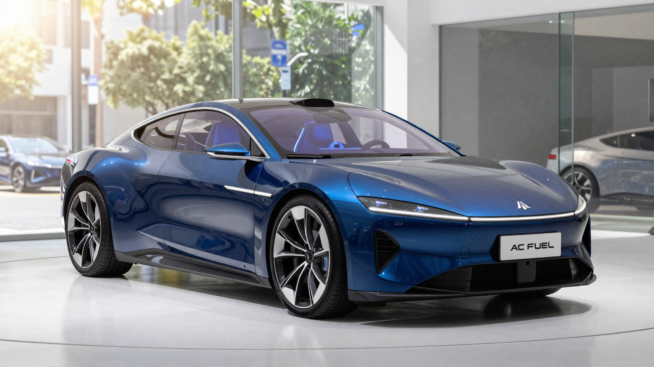 Carro desportivo elétrico azul com design futurista exposto em showroom moderno com chão branco.