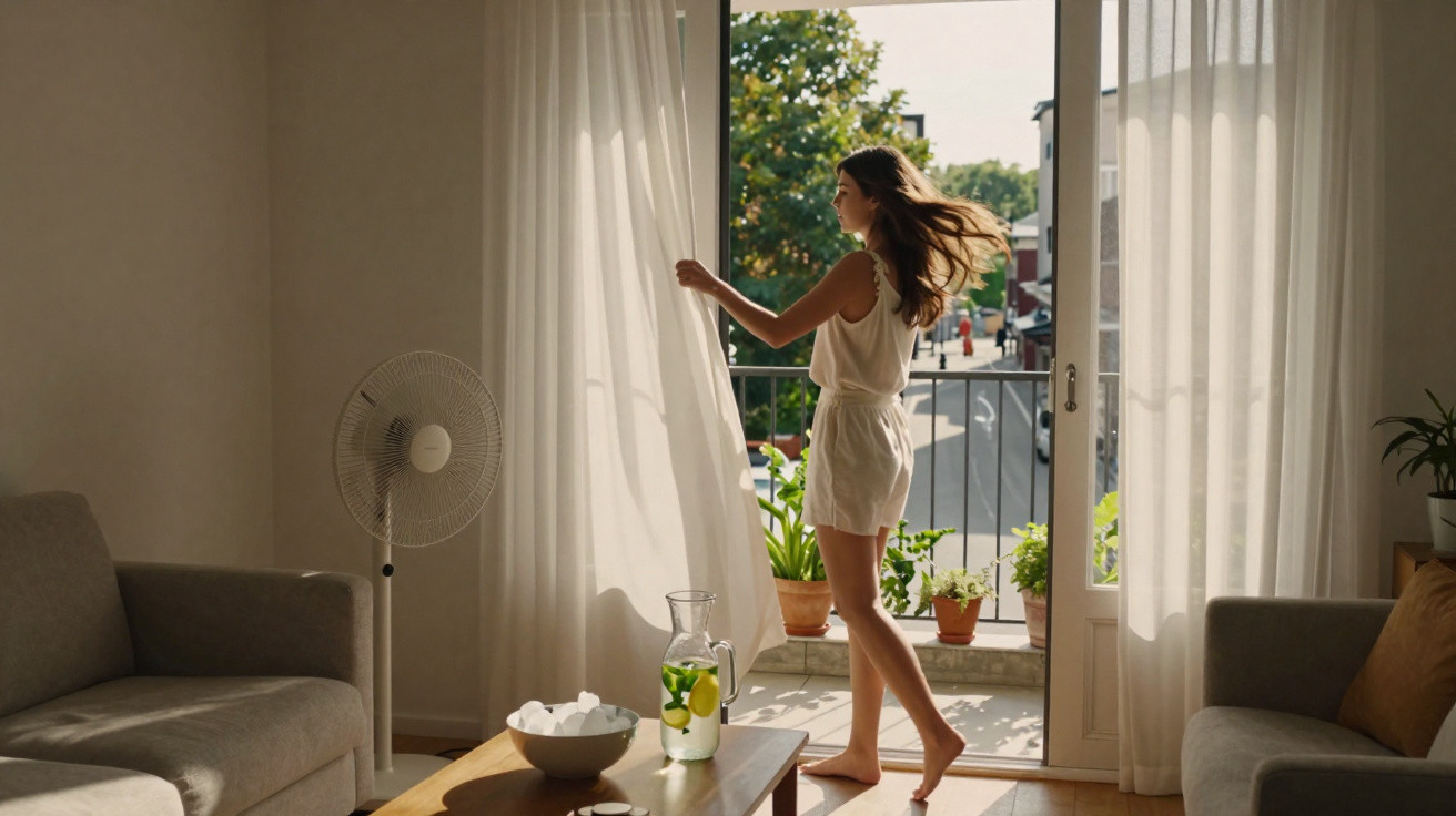 Mulher a abrir cortinas numa sala iluminada com varanda e plantas ao fim da tarde.