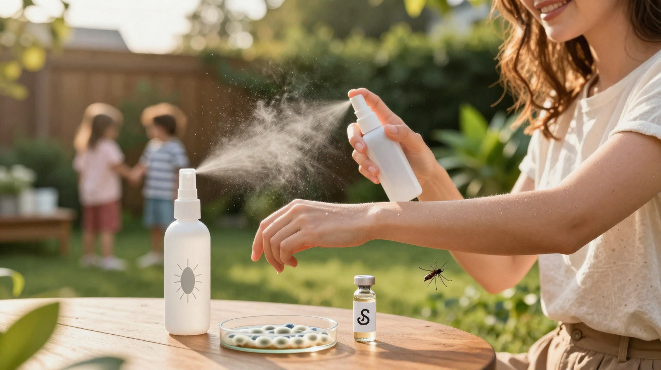 Mulher a aplicar repelente contra mosquitos num jardim, com duas crianças ao fundo a brincar.