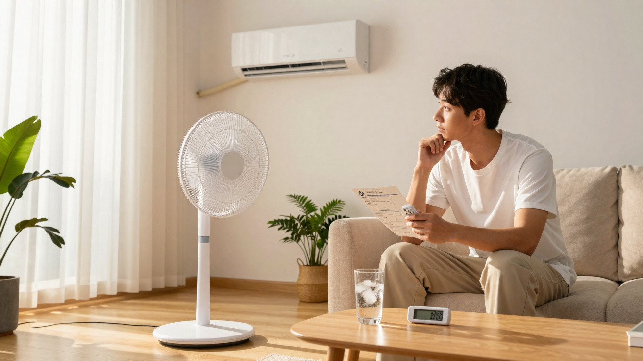 Homem sentado no sofá num quarto moderno, olhando para um ventilador de pé ligado.