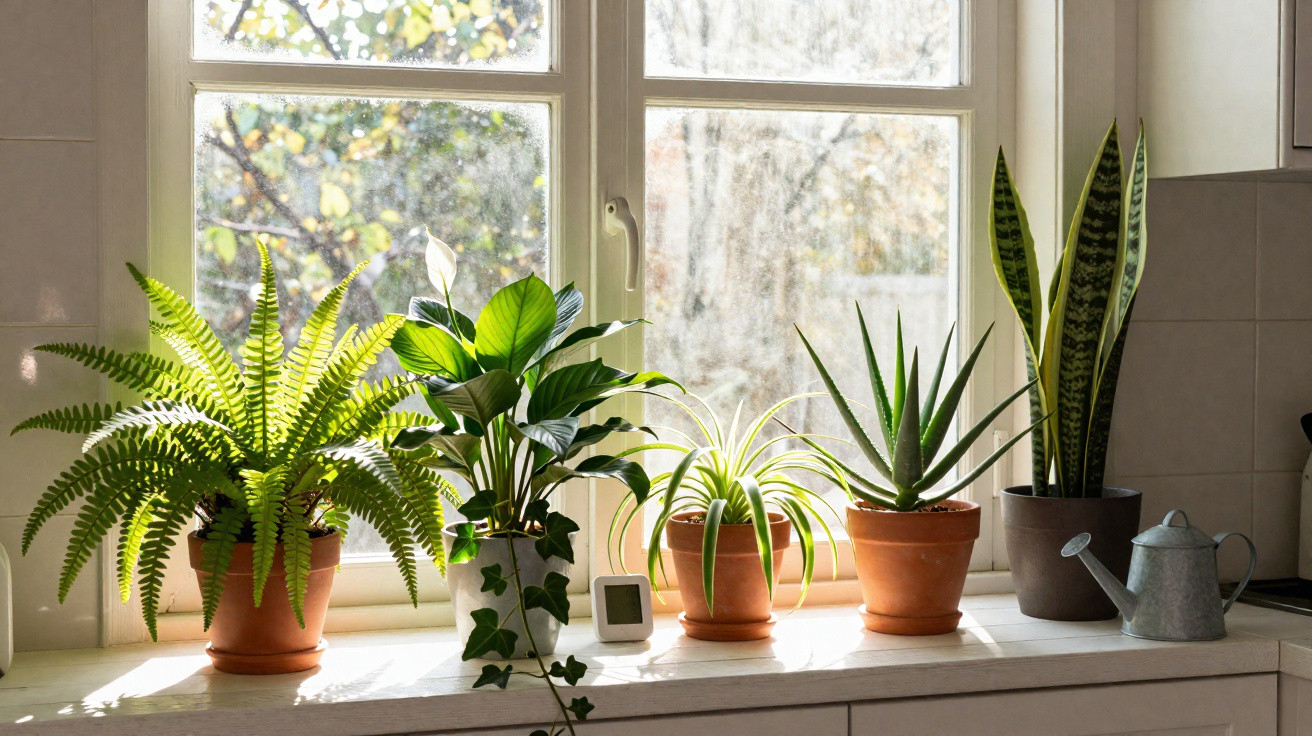 Jardim interior com cinco plantas em vasos colocadas no peitoril de uma janela iluminada pelo sol.
