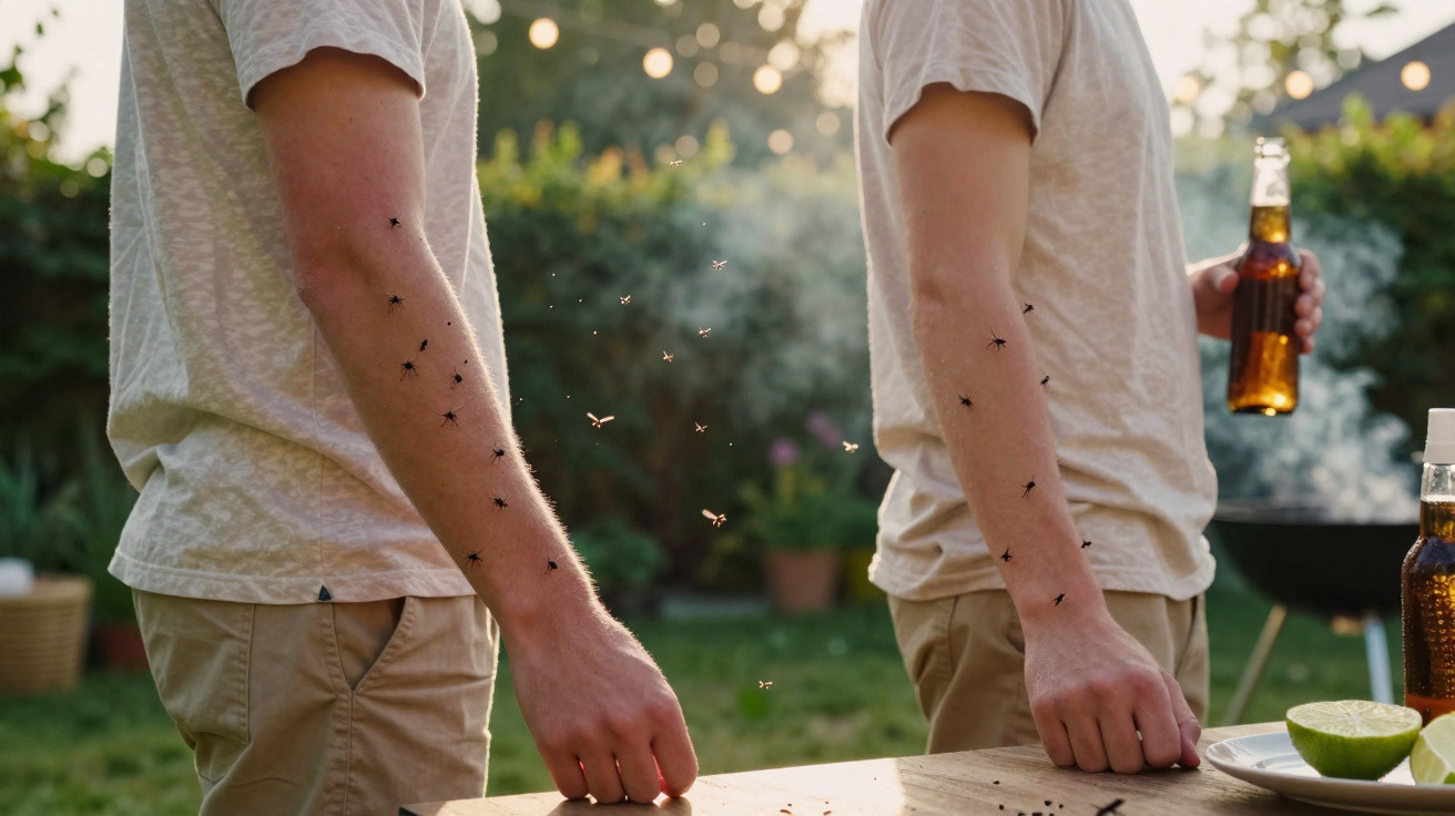 Dois homens com roupas claras cercados por vários mosquitos num jardim durante um churrasco.