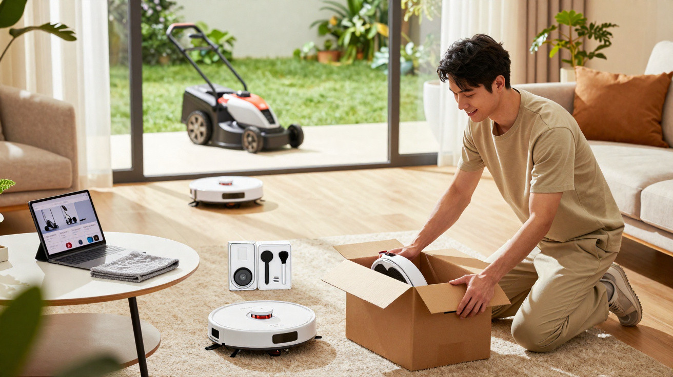 Homem desembrulha robot aspirador em sala com chão de madeira e jardim ao fundo.