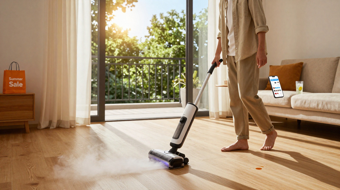 Pessoa a limpar chão de madeira com aspirador a vapor numa sala com sofá e varanda ao fundo.