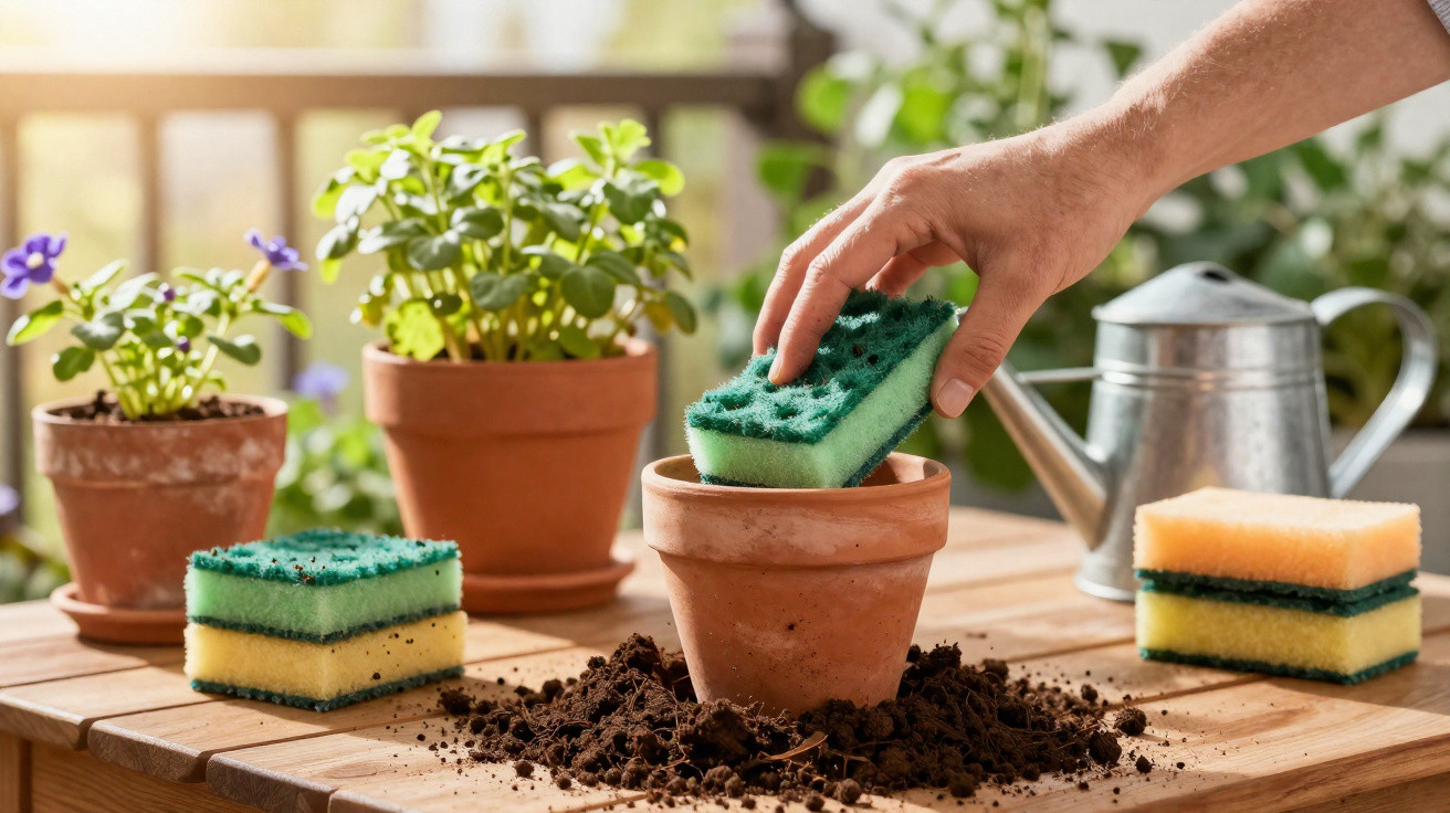 Mão a colocar esponja em vaso de barro com terra, rodeado de plantas em vasos e regador metálico numa mesa de madeira.