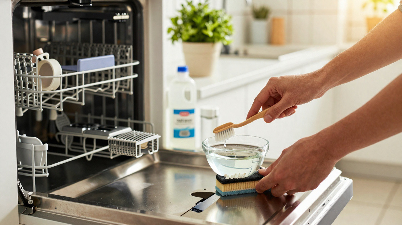 Pessoa a limpar a porta da máquina de lavar loiça aberta com escova e esponja num balcão de cozinha.