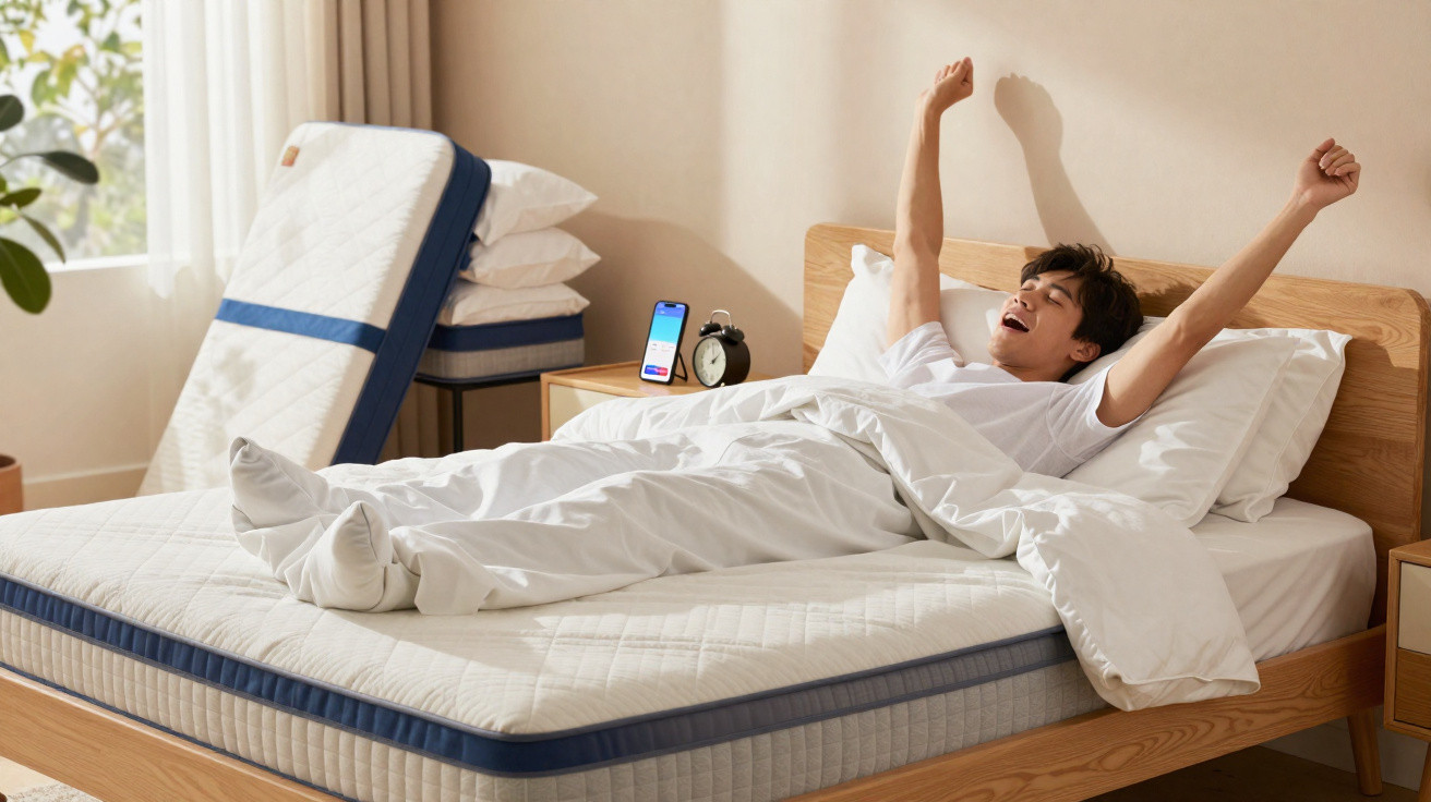 Pessoa a bocejar e espreguiçar-se numa cama com colchão novo numa divisão iluminada.
