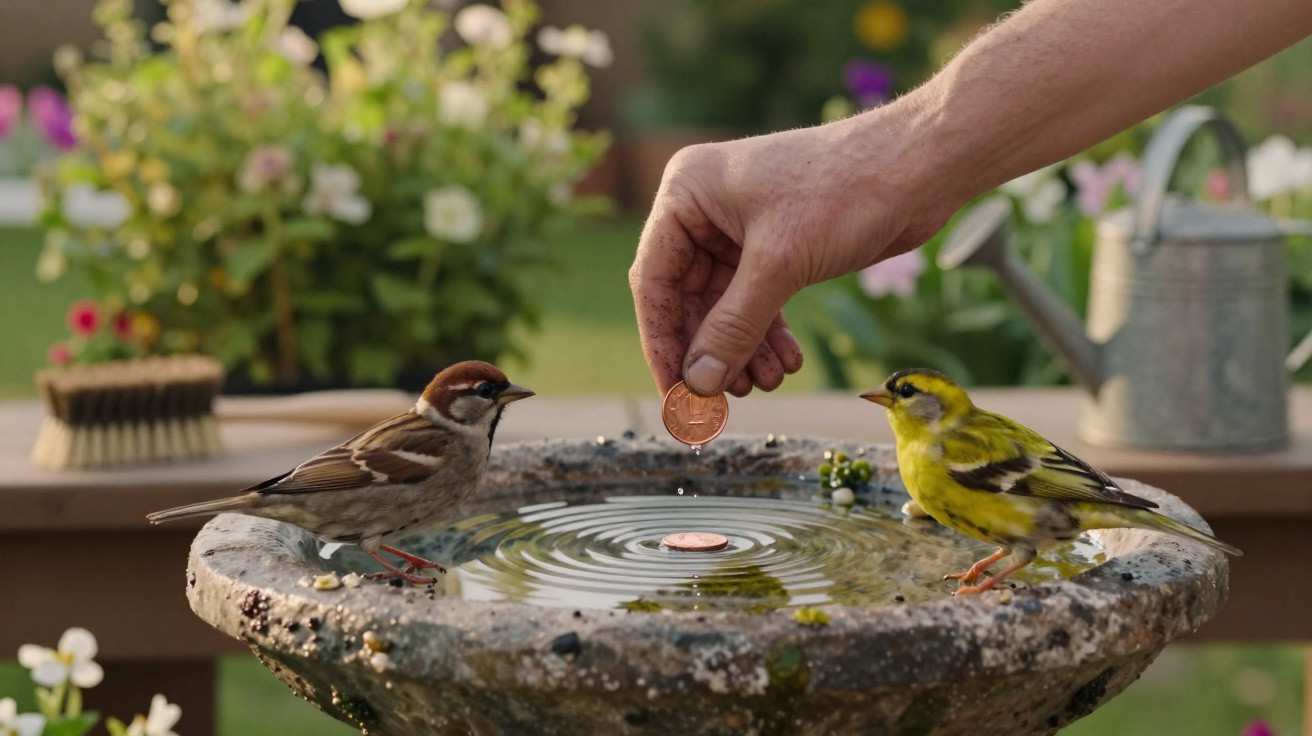 Mão a colocar moeda numa fonte, com pardal e pintassilgo pousados na borda rodeados por flores desfocadas.