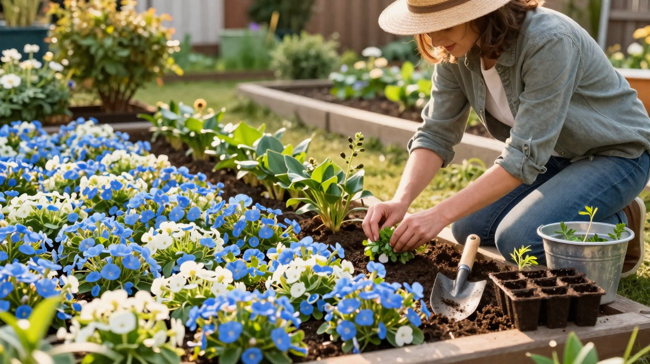 Mulher de chapéu a cultivar flores azuis e brancas num jardim solarengo, com utensílios de jardinagem ao lado.