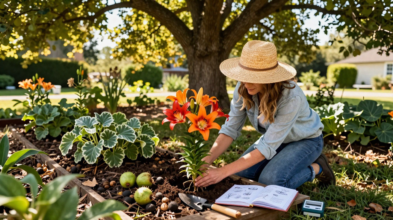 Mulher de chapéu a plantar lírios laranja num jardim, com caderno de plantas aberto ao lado.