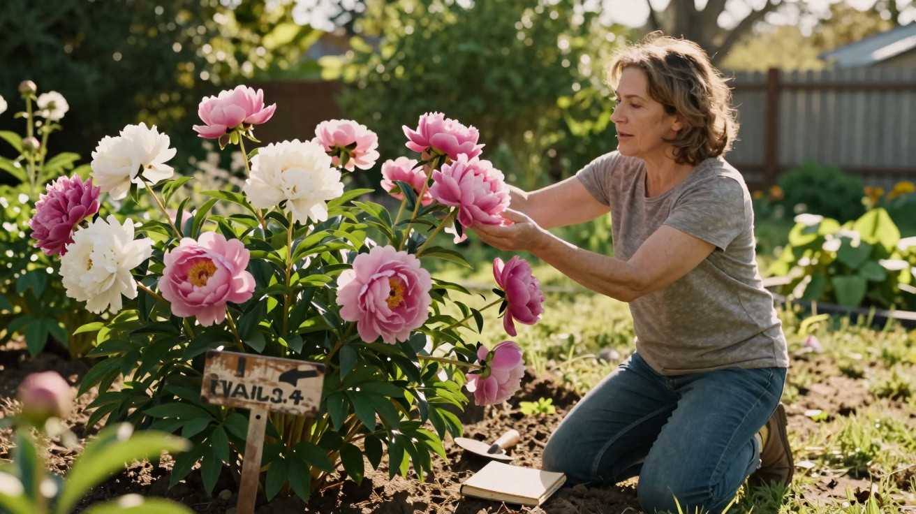Mulher a cuidar de flores rosas e brancas num jardim ensolarado, ajoelhada na terra.