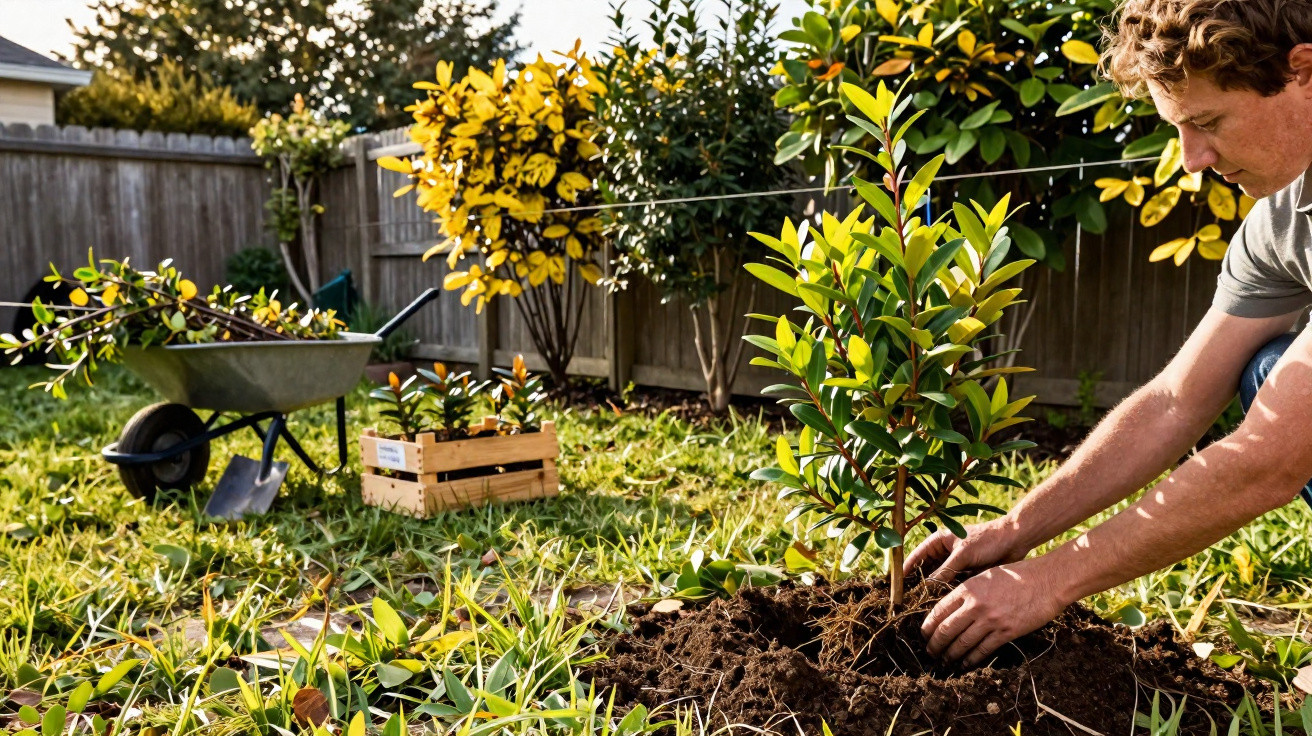 Pessoa a plantar árvore jovem num jardim com carrinho de mão e caixa de plantas ao fundo.