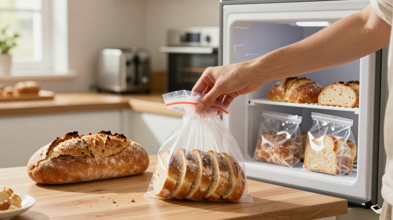 Pessoa a colocar fatias de pão embaladas em saco plástico num frigorífico pequeno numa cozinha moderna.