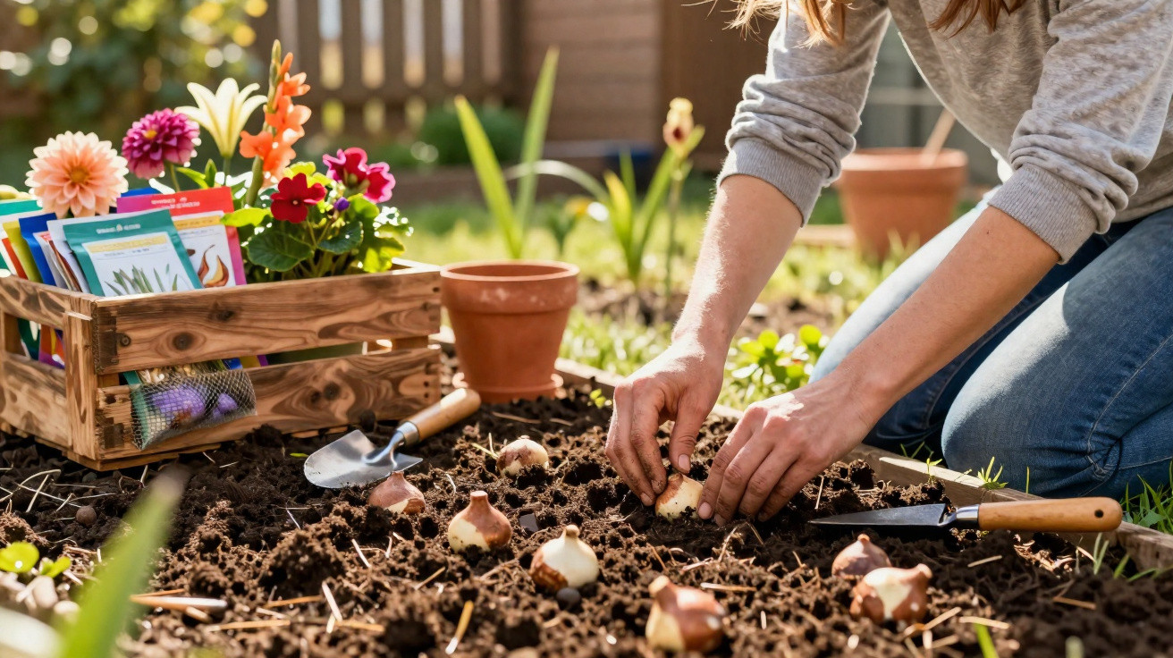 Pessoa a plantar bolbos de flores num canteiro, com ferramentas de jardinagem e sementes ao lado.