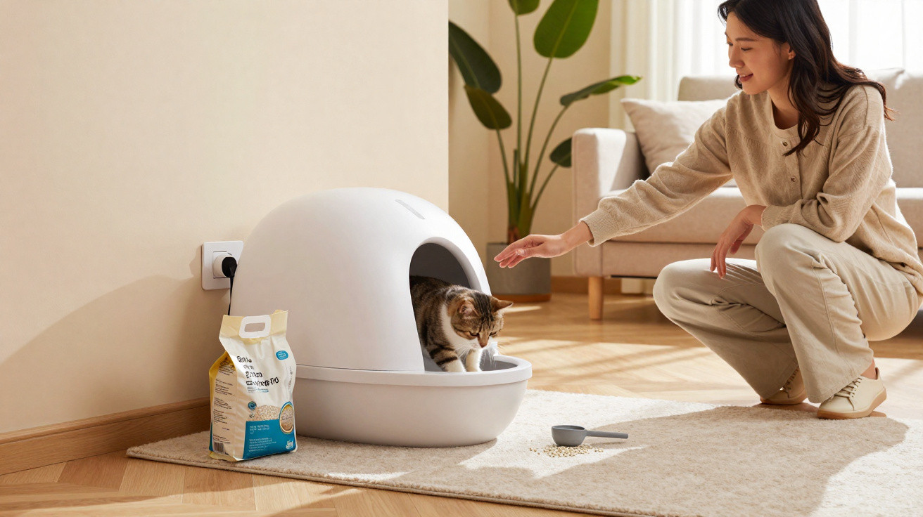Mulher a alimentar gato que está numa caixa de areia automática num quarto com planta e sofá.