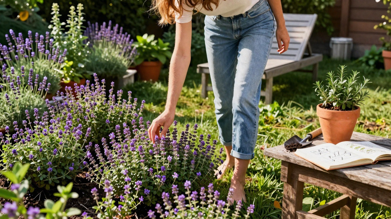 Pessoa em jeans a apalpar flores lilases de lavanda num jardim ensolarado com mesa e livro aberto.