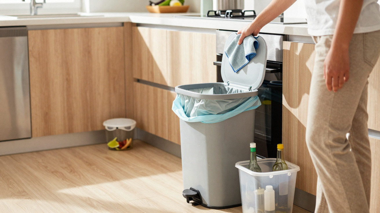 Pessoa a separar lixo numa cozinha moderna com caixote do lixo reciclável e garrafas de vidro para reciclagem.