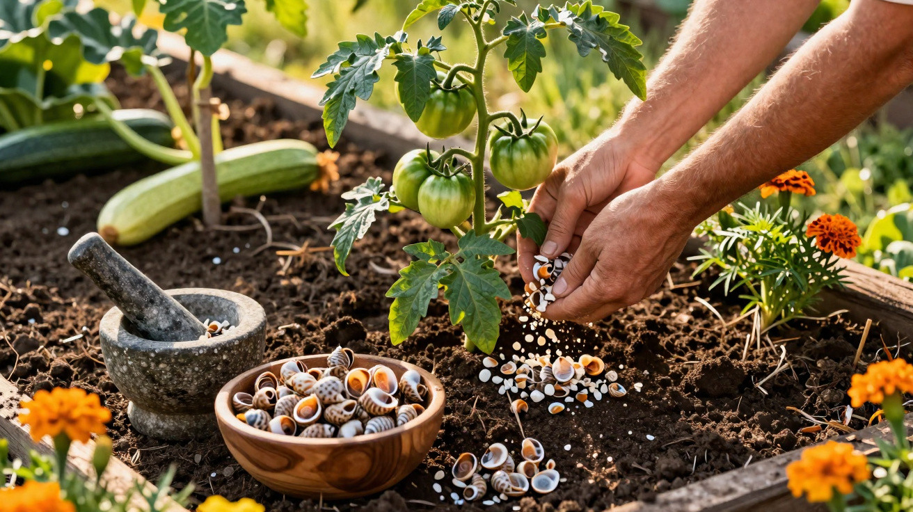 Mãos a espalhar conchas ao pé de planta de tomate num canteiro com flores e almofariz.