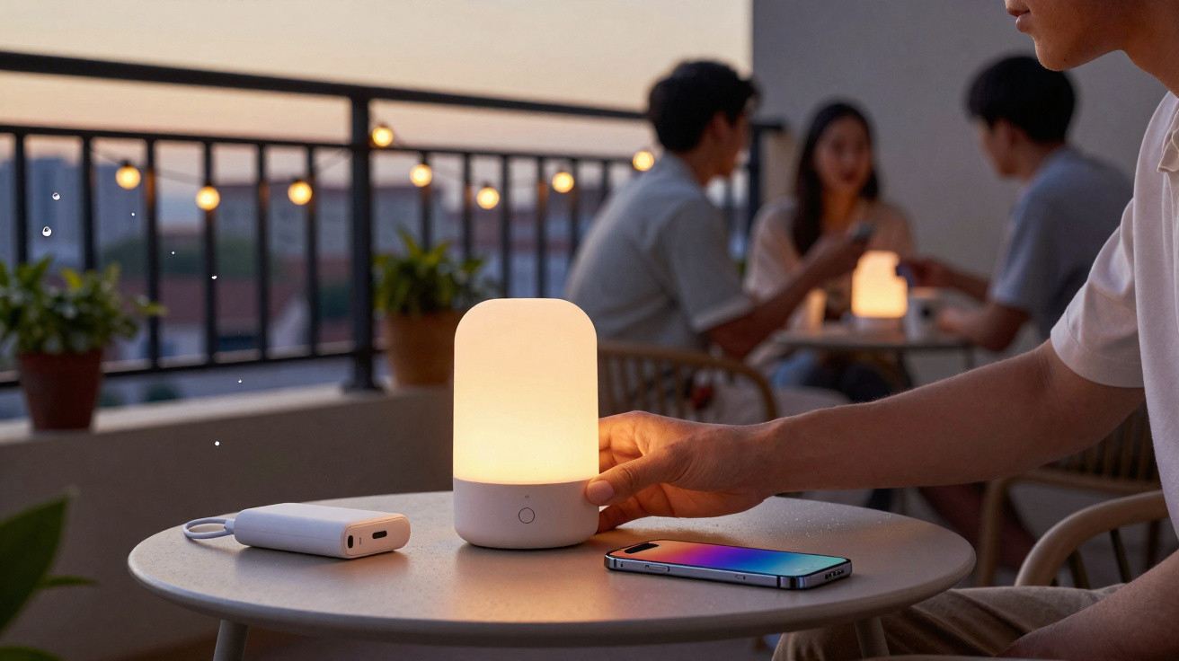 Pessoa ajusta candeeiro LED numa mesa exterior ao entardecer, com amigos ao fundo num terraço decorado.