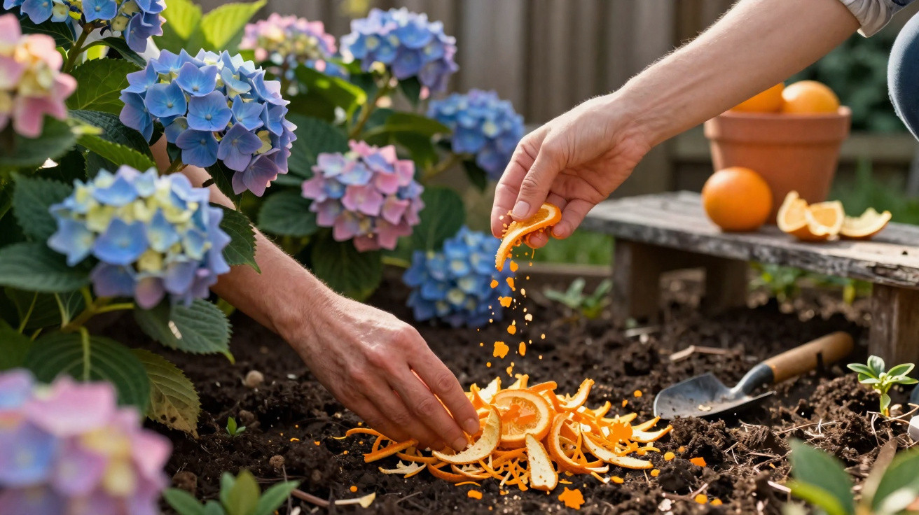 Mãos a adicionar cascas de laranja no solo de um jardim com flores de hortênsia coloridas ao redor.