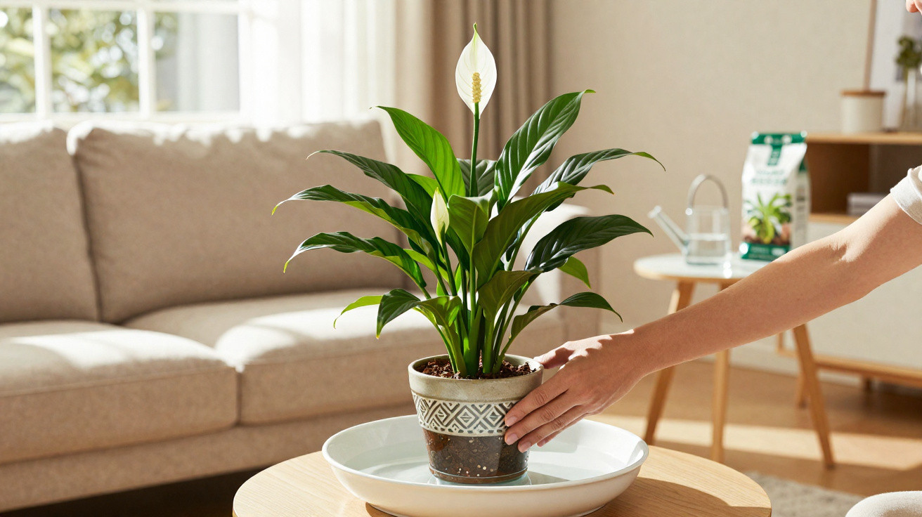 Planta de antúrio verde com flor branca numa sala iluminada, sobre mesa com base para rega.