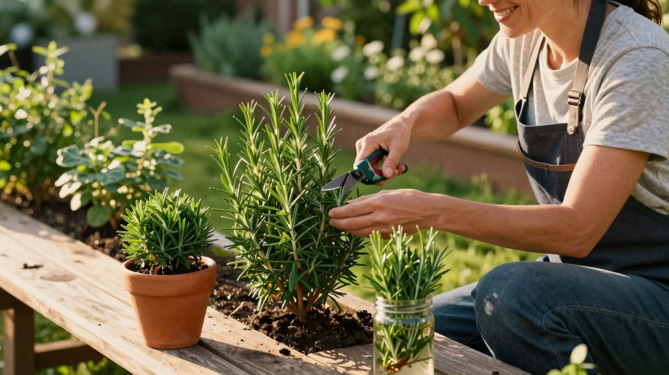 Pessoa a podar plantas aromáticas numa horta caseira ao ar livre durante dia soalheiro.