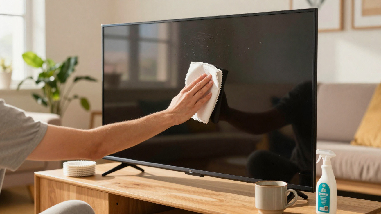 Pessoa a limpar ecrã de televisão com pano branco numa sala de estar moderna e iluminada.