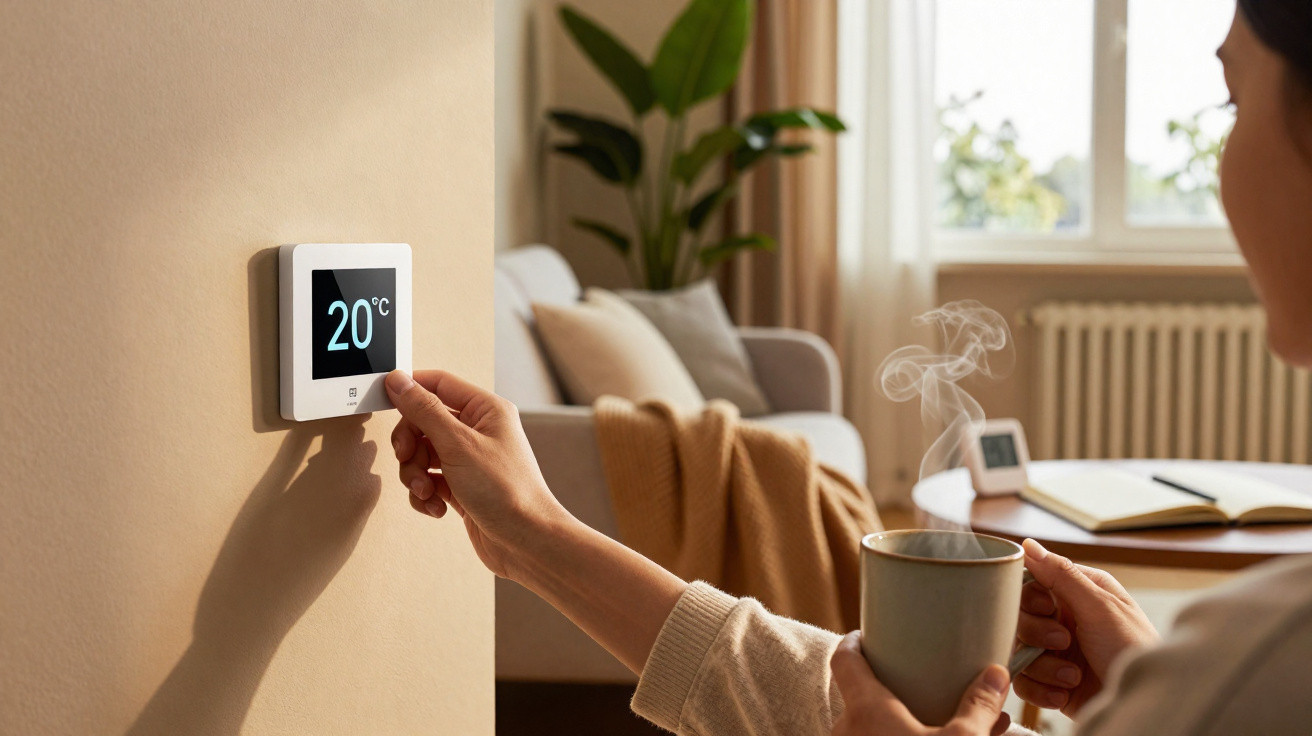 Pessoa ajusta termostato digital para 20°C enquanto segura uma chávena quente numa sala acolhedora.