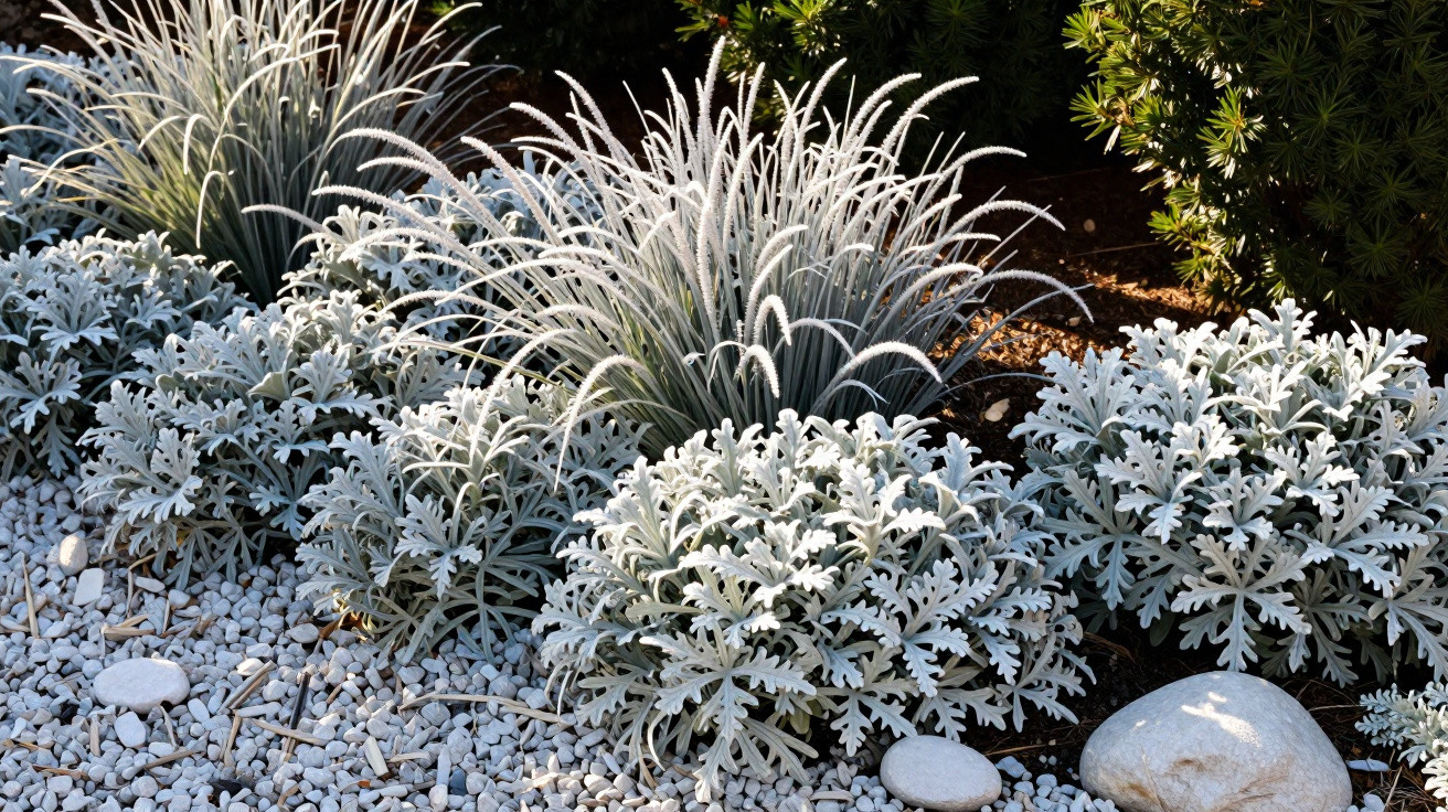 Plantas ornamentais com folhas prateadas e ervas altas em jardim com pedras decorativas e arbustos verdes ao fundo.