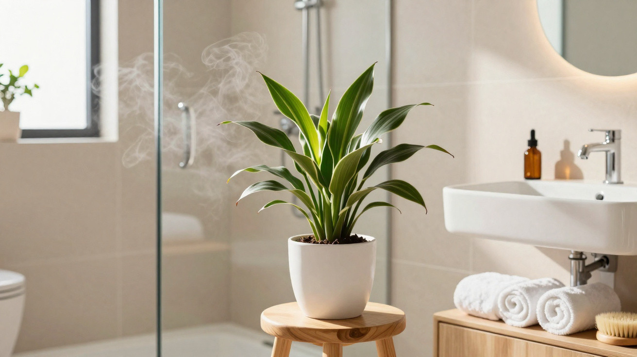 Planta verde em vaso branco sobre banco de madeira numa casa de banho luminosa e organizada.