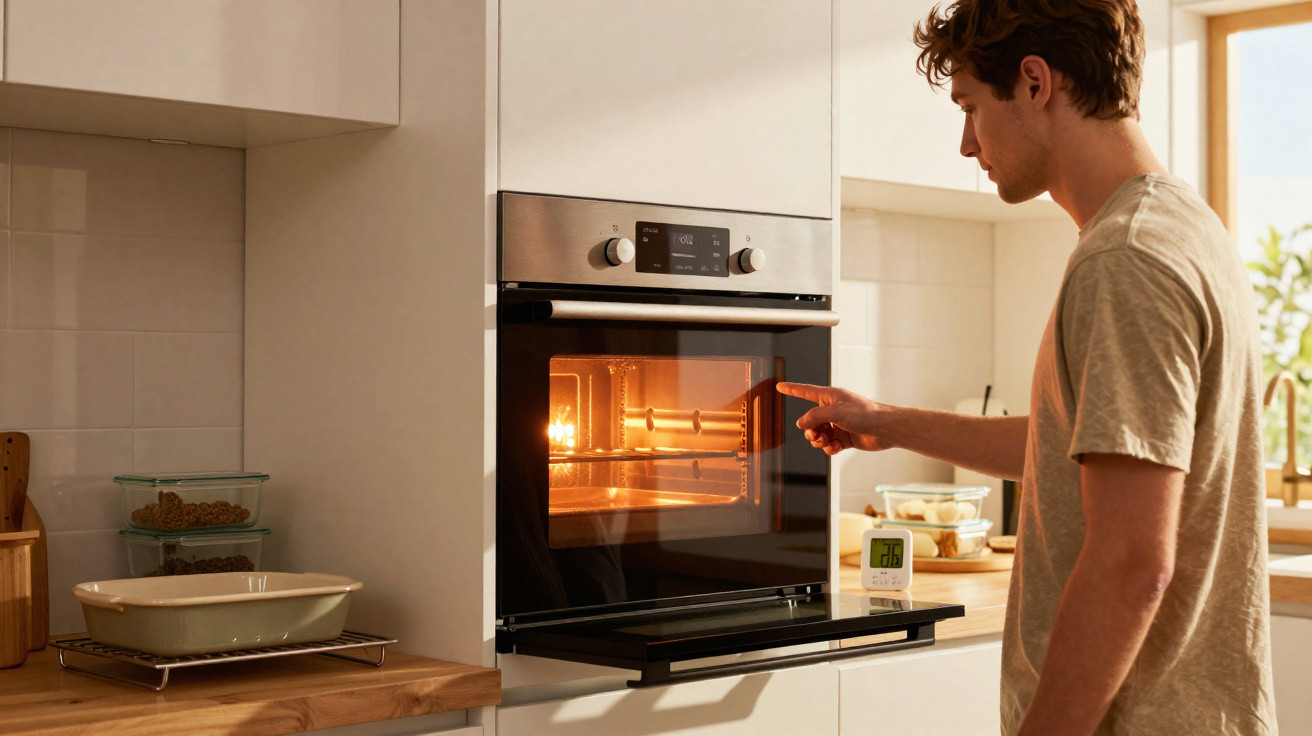 Homem a usar um forno elétrico embutido numa cozinha moderna com armários brancos e bancada em madeira.