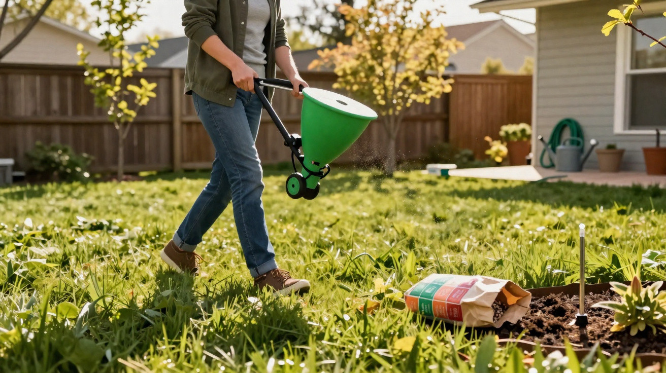 Pessoa espalha fertilizante no relvado com um aplicador manual verde no jardim de uma casa.