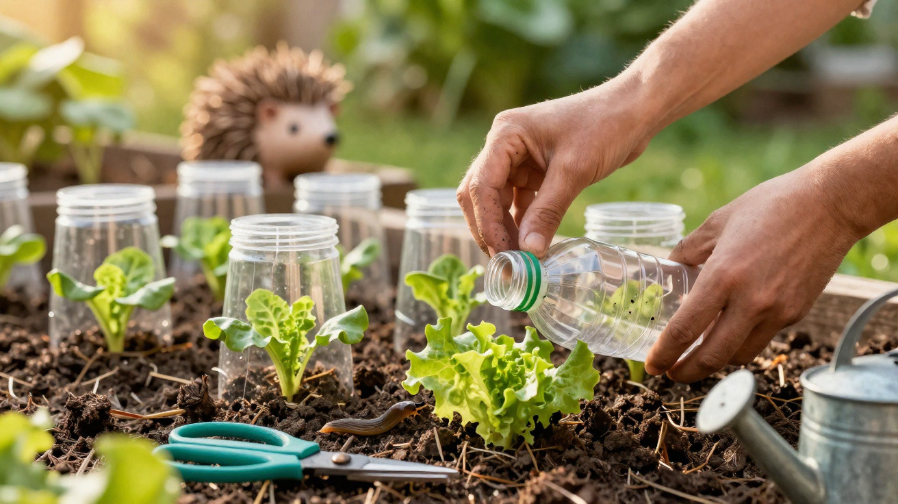 Mãos a regar alface numa horta com rebentos protegidos por copos plásticos e tesoura no solo.