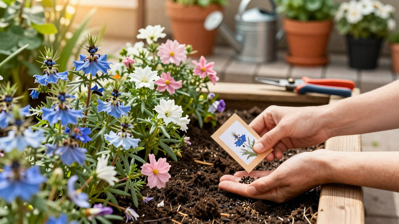 Mãos a semear sementes de flores num canteiro com flores coloridas em vaso e ferramentas ao fundo.