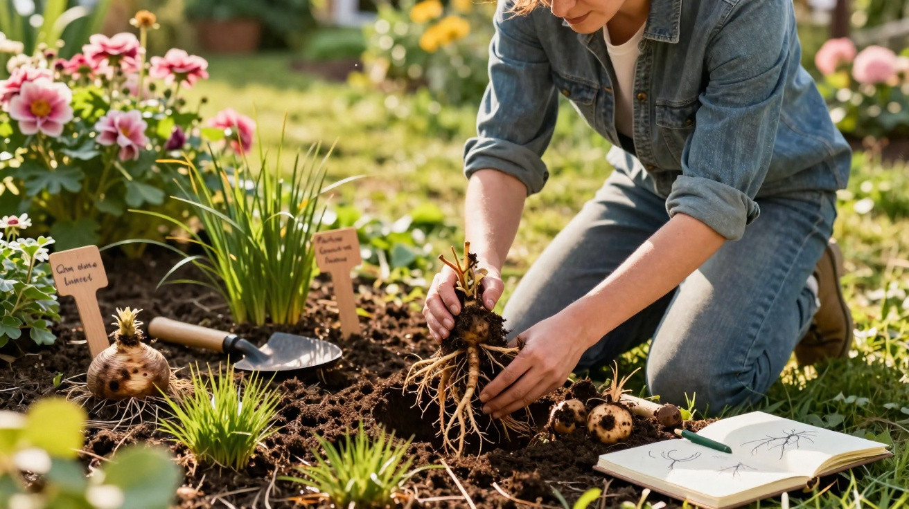 Pessoa a plantar ou colher raízes num jardim com flores e caderno de anotações aberto.