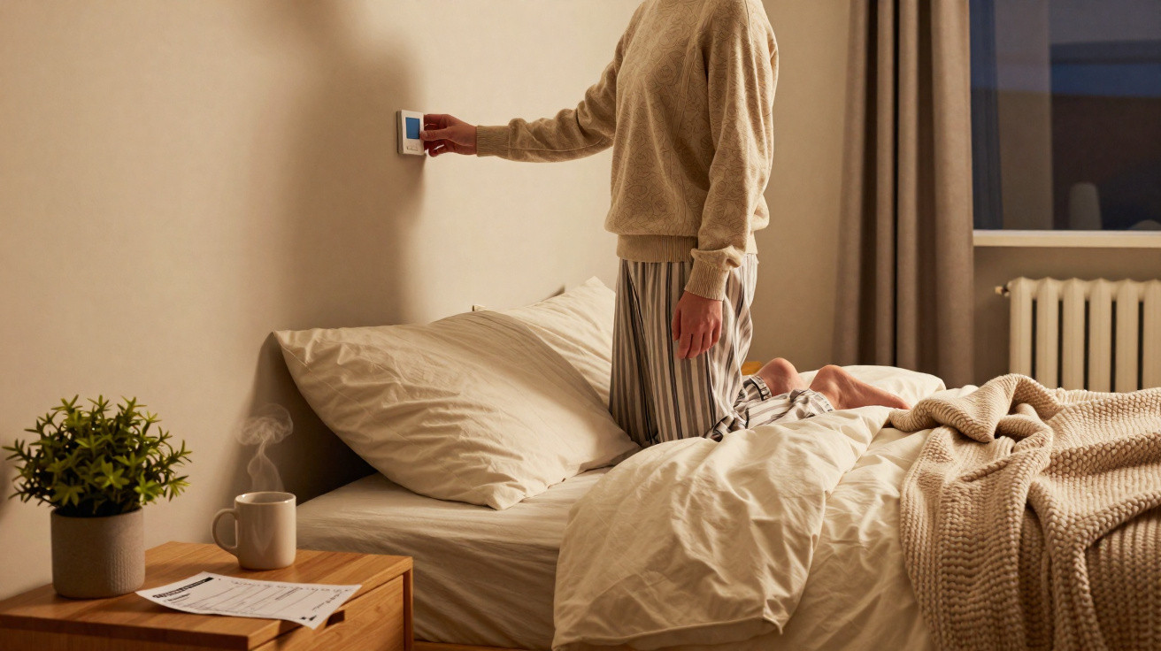 Pessoa em pijama ajusta termóstato na parede ao lado de cama com manta e chá fumegante numa mesa de cabeceira.