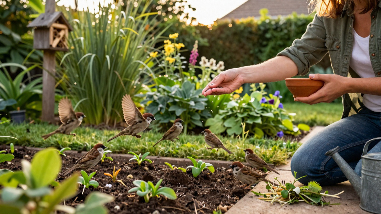 Pessoa a alimentar pardais num jardim com plantas e flores ao entardecer.