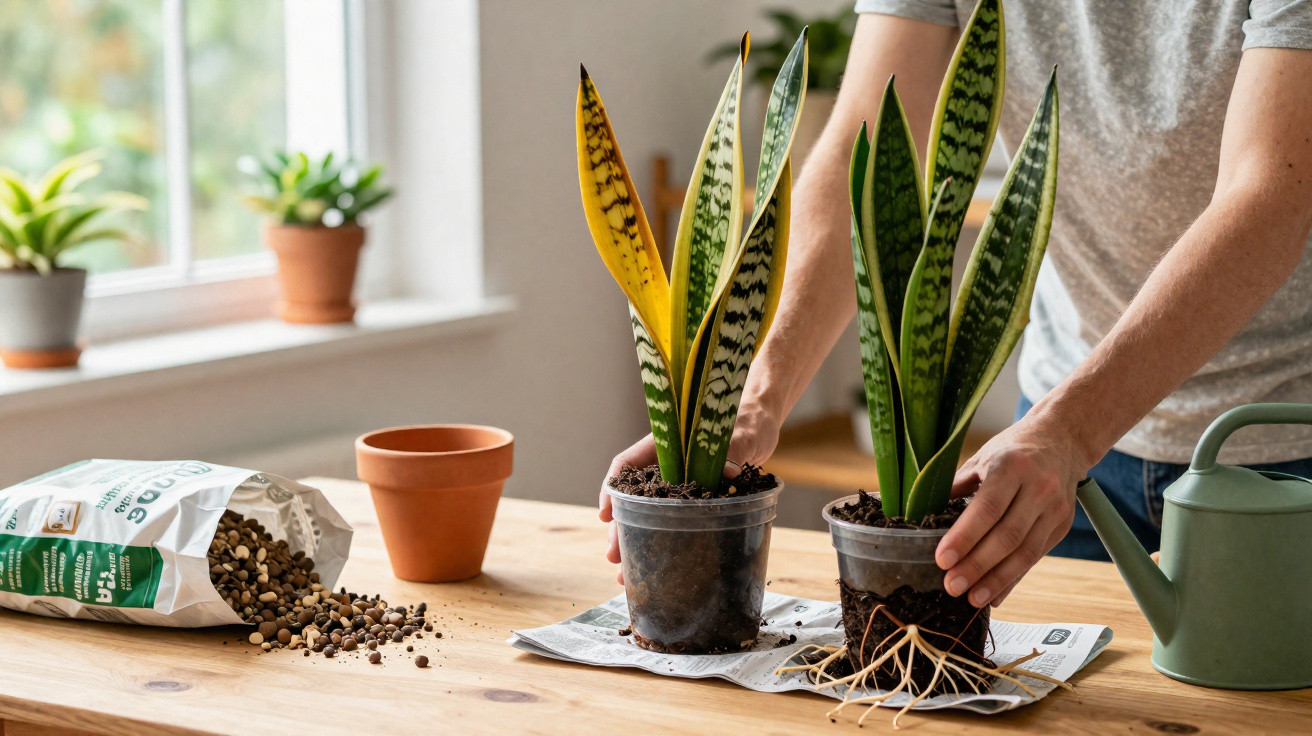 Pessoa transplantando plantas de interior com regador, vaso vazio e substrato numa mesa de madeira junto a uma janela.