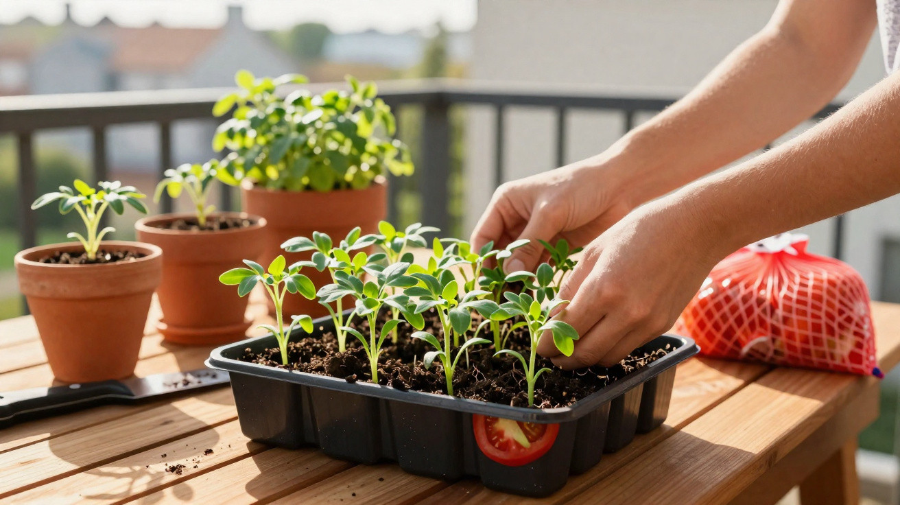 Mãos a transplantar mudas verdes de um tabuleiro para vasos em madeira, numa varanda ensolarada.