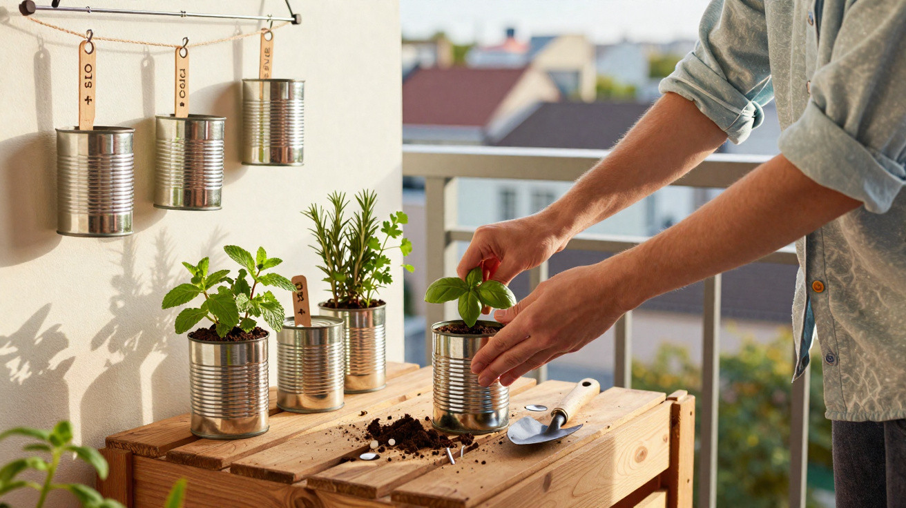 Pessoa a cuidar de plantas em latas reaproveitadas num espaço exterior com vista para a cidade.