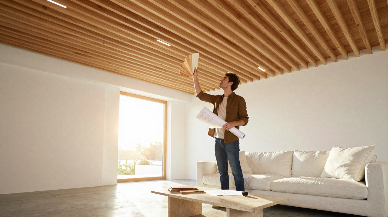 Homem em sala moderna com sofá branco e tecto de vigas de madeira, segurando amostras e plantas.