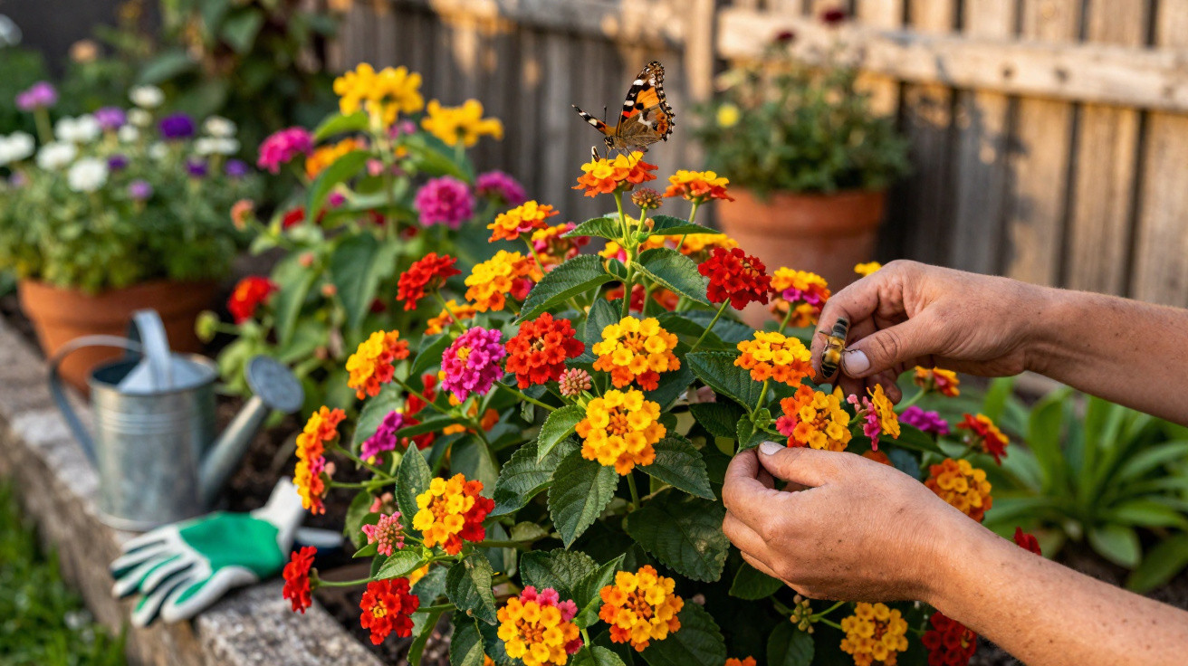 Mãos a cuidar de flores coloridas num jardim com uma borboleta pousada numa flor laranja amarela.
