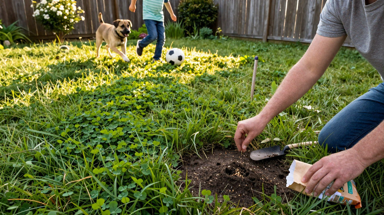Homem a plantar sementes na relva enquanto criança e cão brincam com bola no jardim.