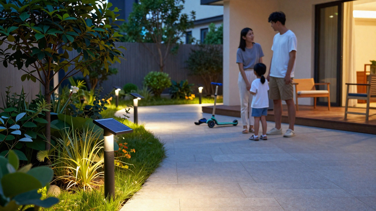 Família junta no jardim iluminado por luzes solares ao anoitecer, com trotinete no chão.