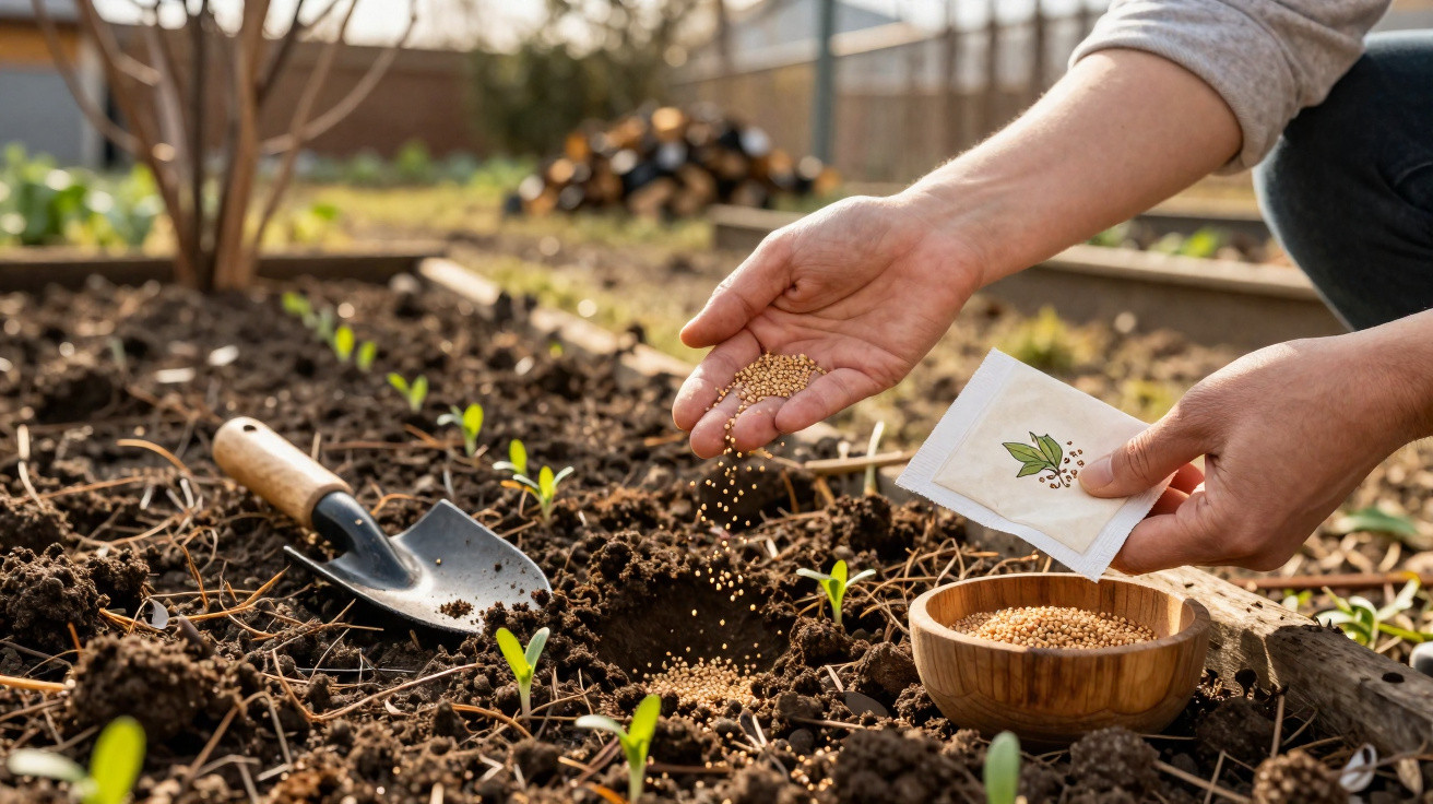 Mãos a semear sementes num canteiro de terra com uma pequena pá e plantas jovens ao redor.